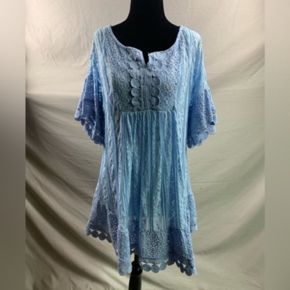 Romantic Lace Tunic Top Flutter Sleeve Ruffle Hem Boho Smock Baby Blue - Picture 5 of 8